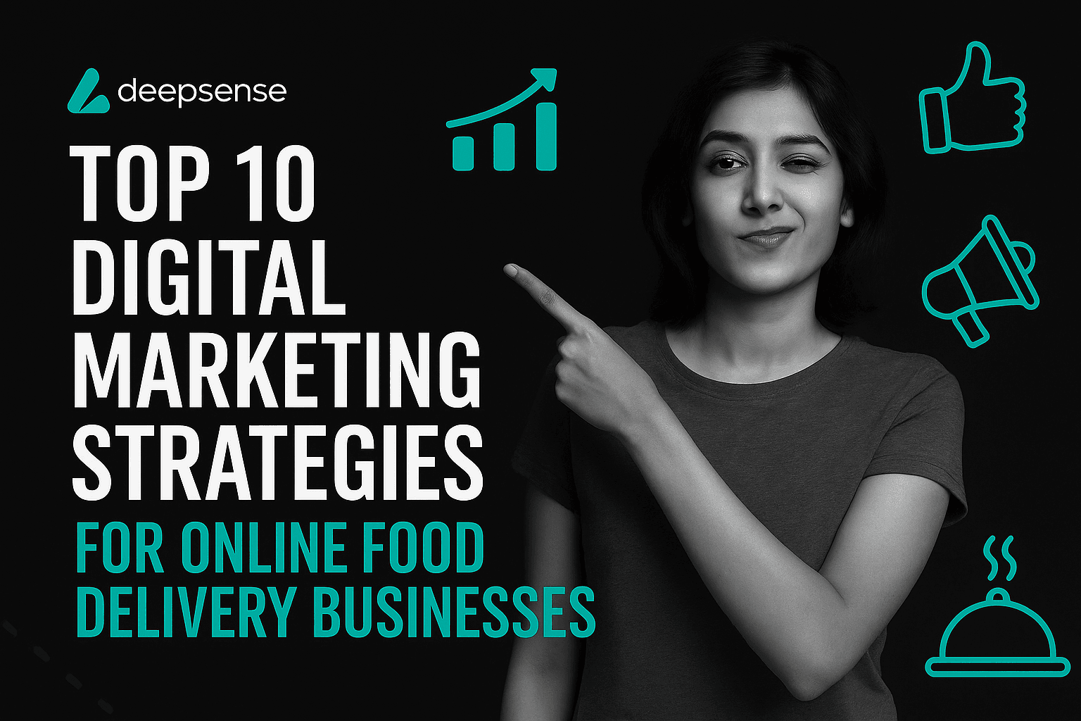 A vibrant food delivery scene showing a courier handing a takeout bag to a smiling customer at their doorstep, with digital marketing icons (SEO, ads, chatbot, influencer) subtly overlaid in the background.