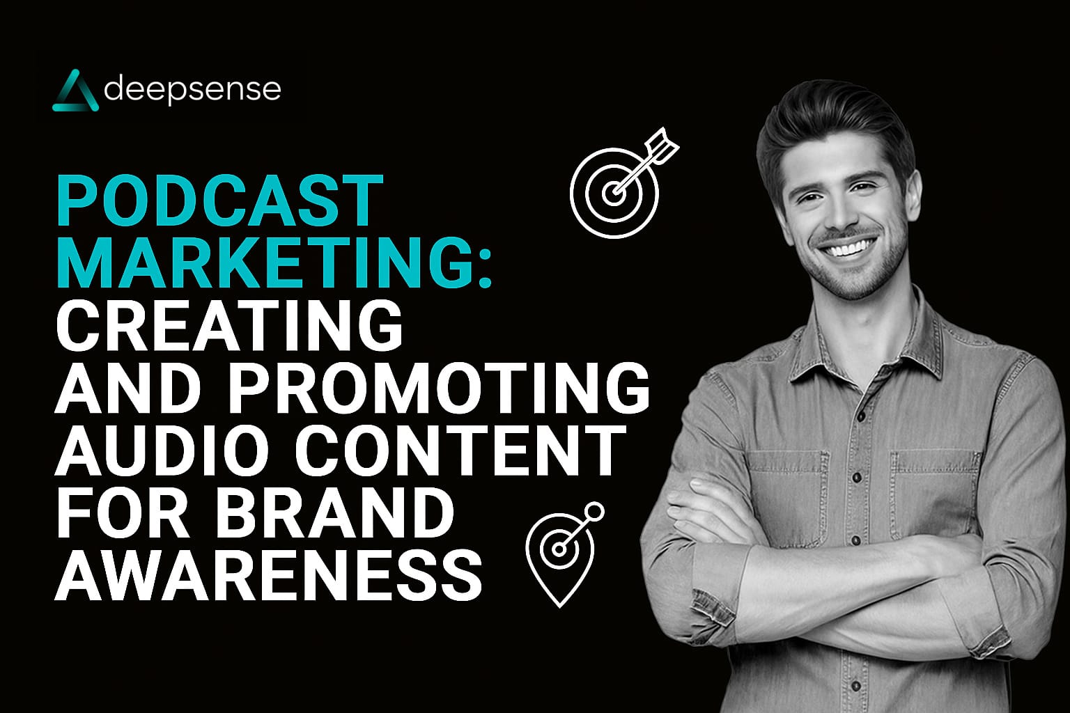 Marketer recording a podcast in a home studio with a microphone, laptop, and brand visuals in the background