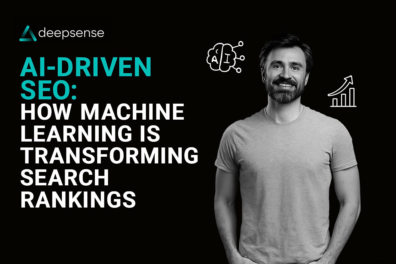 Person analyzing AI-powered SEO dashboard with graphs, keywords, and machine learning icons on screen