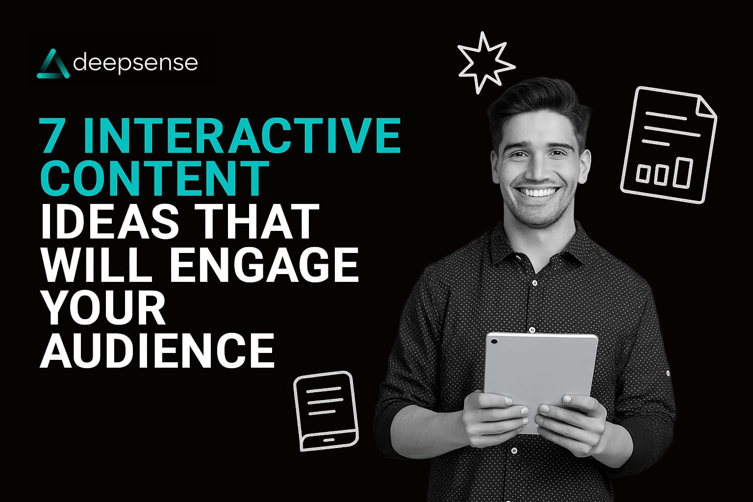 A person interacting with a digital quiz on a smartphone, surrounded by icons for polls, AR, and engagement metrics