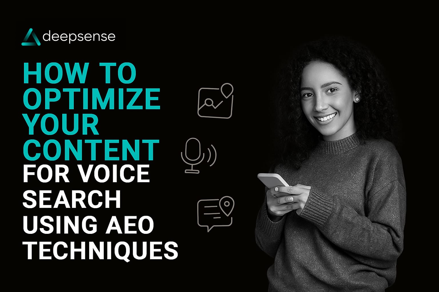 Person using voice assistant on smartphone with SEO and AEO icons