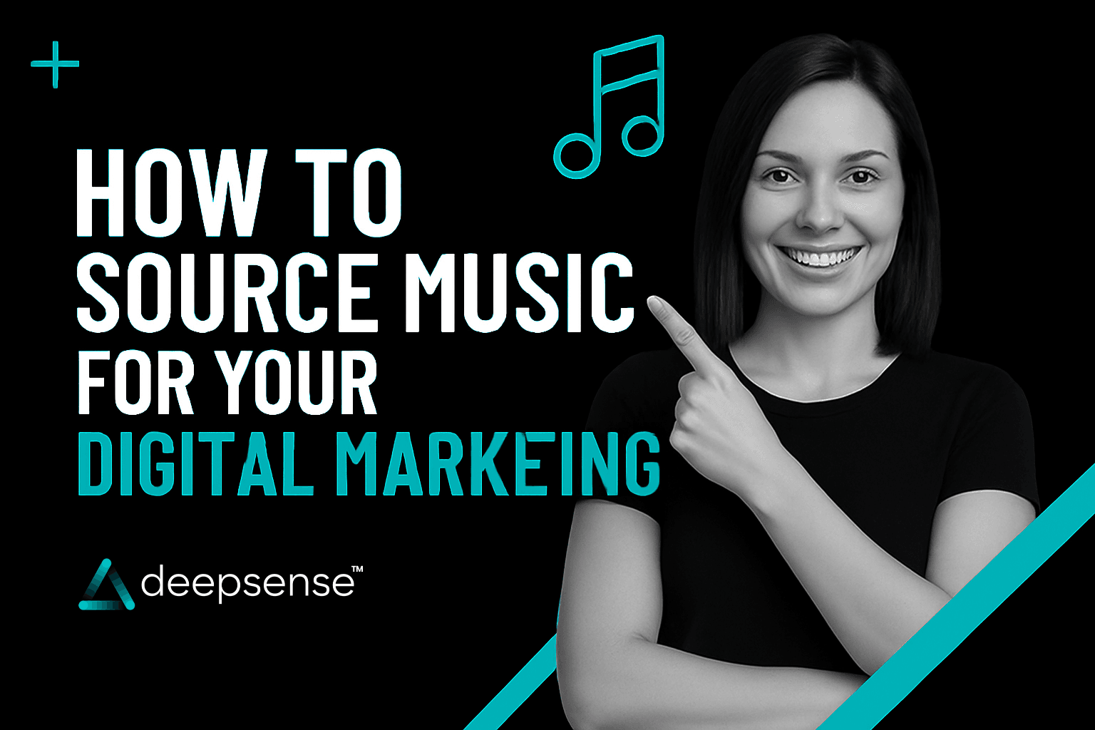 Digital marketer selecting background music for video content on a laptop with soundwave graphics