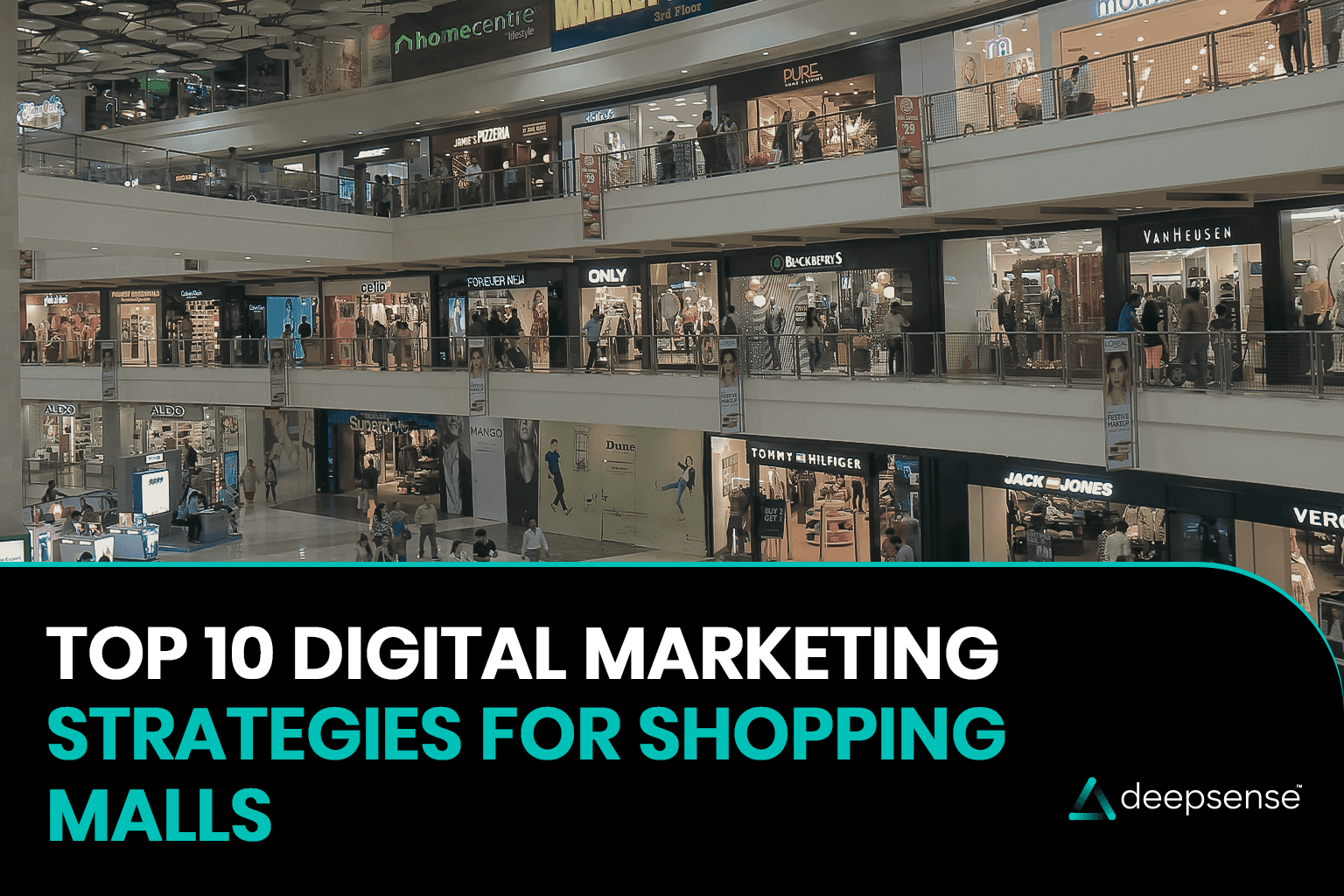 Illustration of a modern shopping mall with digital marketing elements like social media icons, influencers, and mobile apps enhancing footfall.