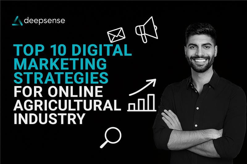 Farmer using a smartphone in a green field with digital icons showing marketing and technology tools