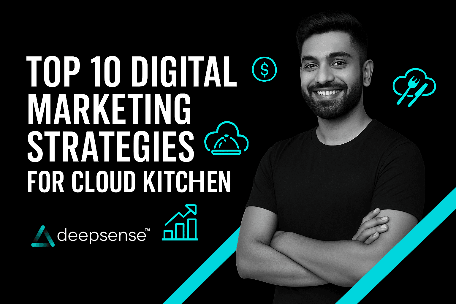 Chef in a cloud kitchen preparing food while a marketer manages online orders and promotions on a laptop