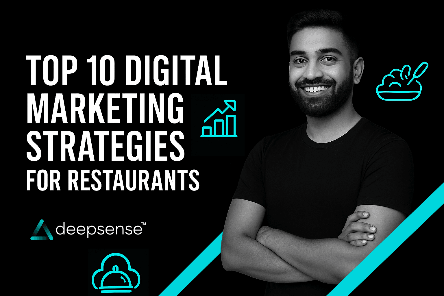 Restaurant owner using a laptop and phone to manage online marketing while customers dine in the background