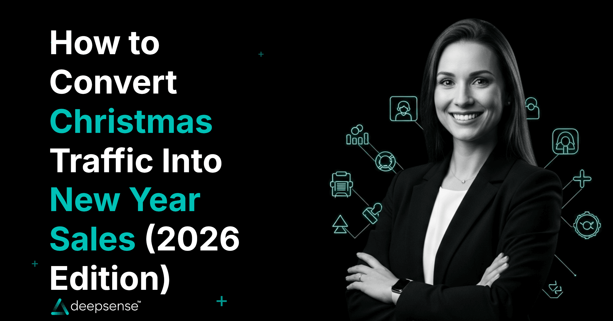 A brand converting Christmas website traffic into New Year sales with festive icons and upward growth graph