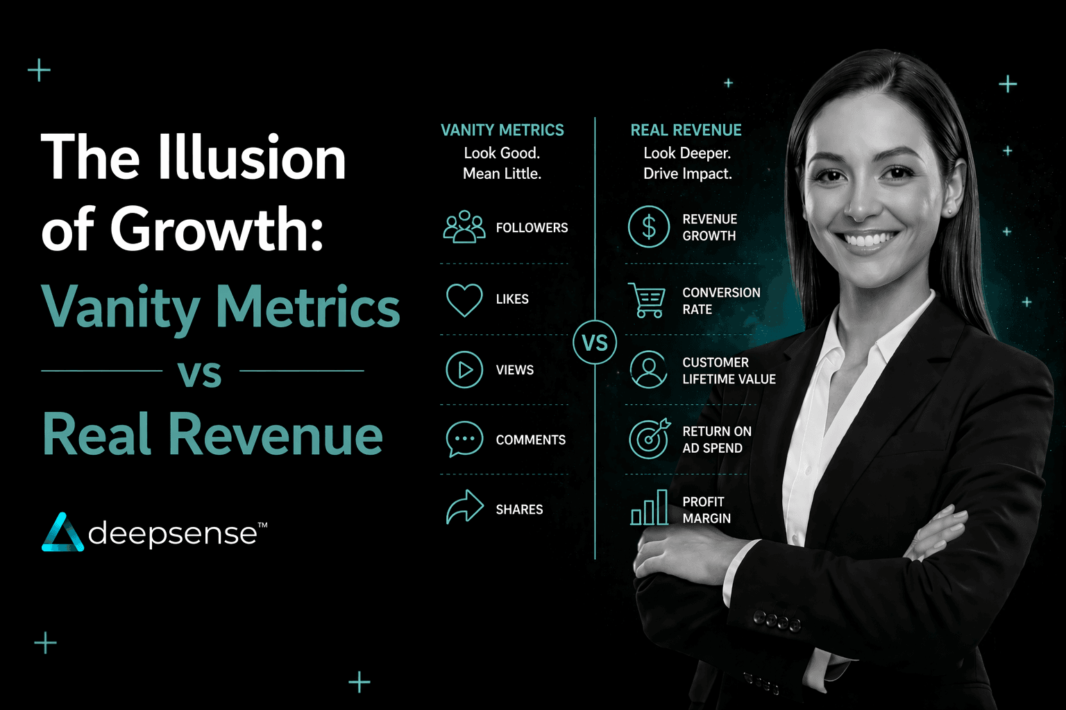 Comparison of vanity metrics like likes and followers versus real revenue growth in digital marketing