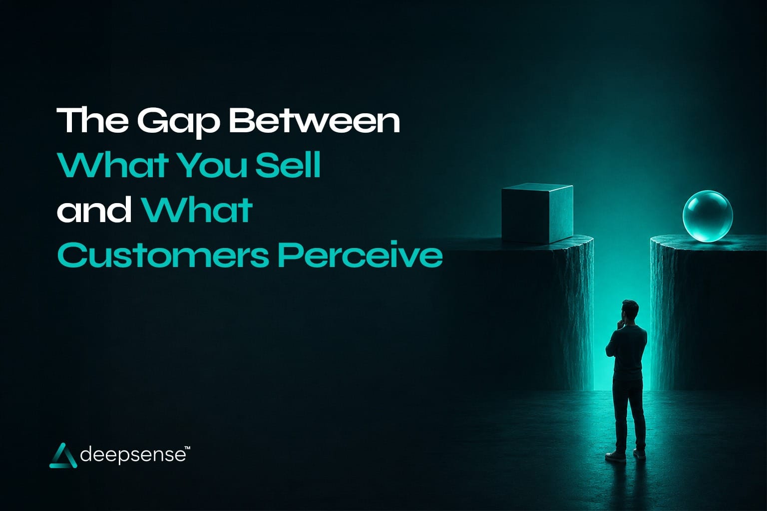A person standing between a cube and a sphere, symbolizing the difference between a brand's intended message and customer perception.