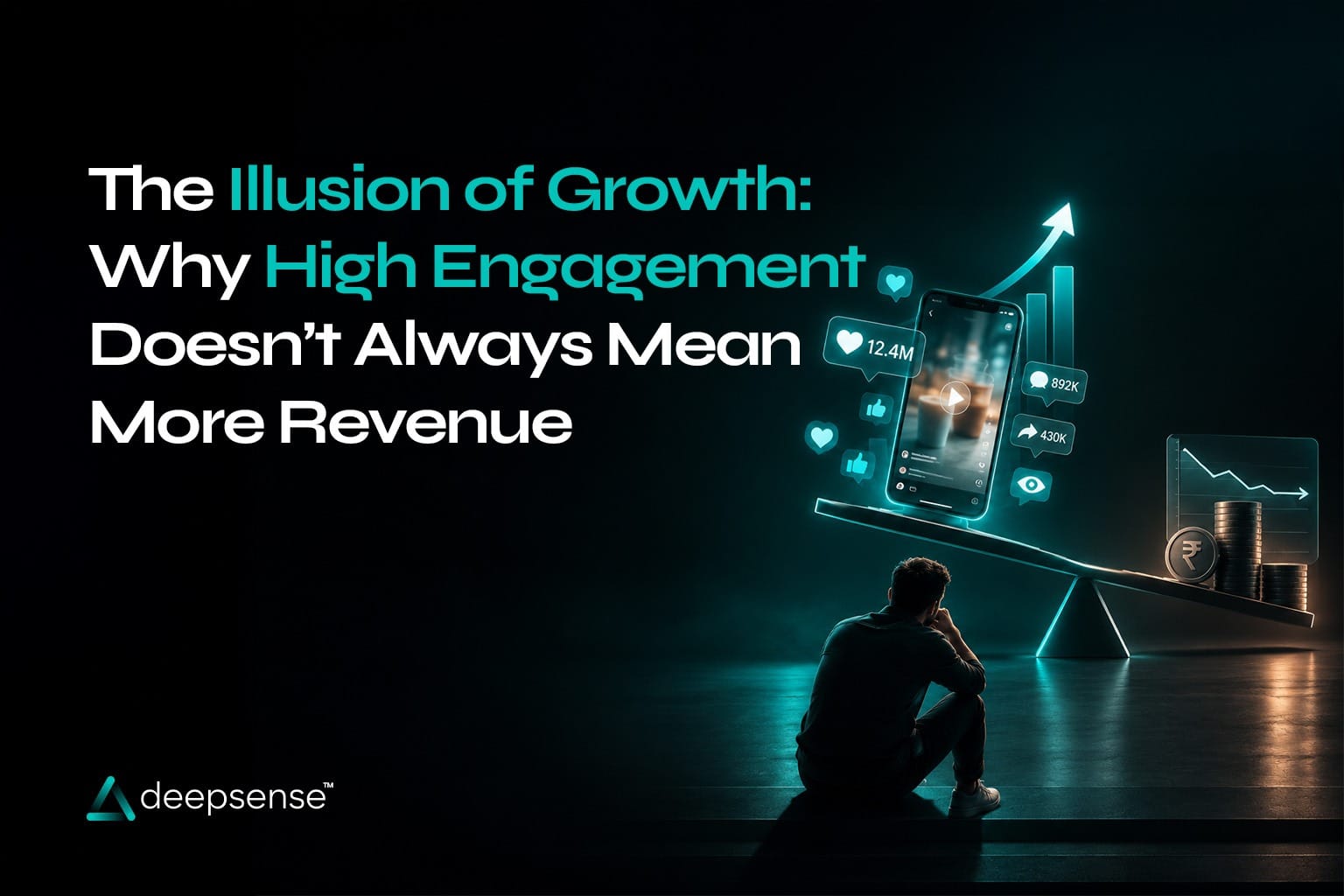 A marketing analytics dashboard comparing high social media engagement with lower revenue growth, illustrating the gap between vanity metrics and business results.