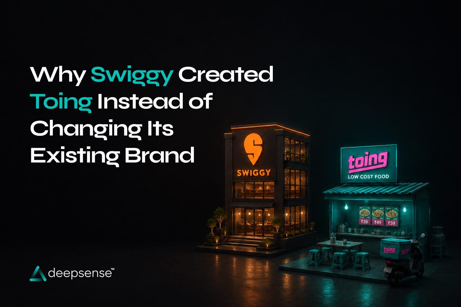 Illustration representing Swiggy and Toing as separate brand identities, highlighting the strategic decision to launch a new brand instead of extending the existing one.