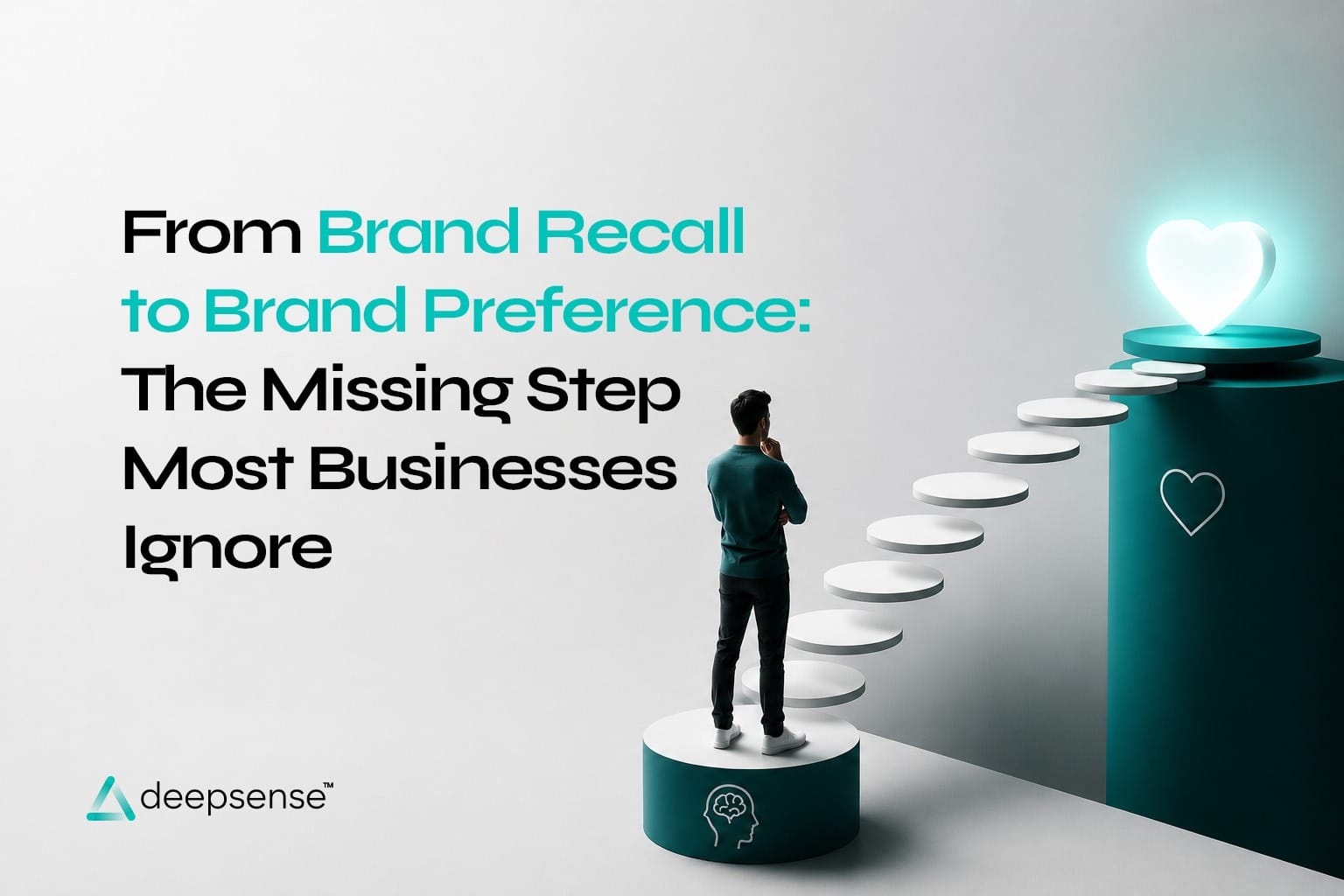 Illustration of a person stacking teal blocks into a strong, unified structure, symbolizing the process of transforming brand awareness into customer preference through consistent branding and trust.