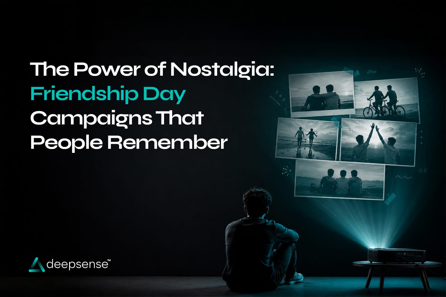 Friends reminiscing over old photographs as part of a nostalgic Friendship Day marketing campaign