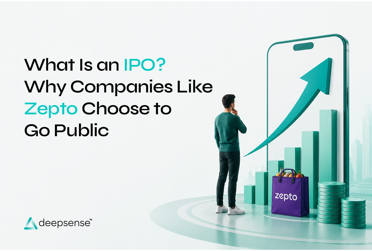 Illustration of a startup transitioning into a publicly listed company, explaining the IPO process using Zepto as an example